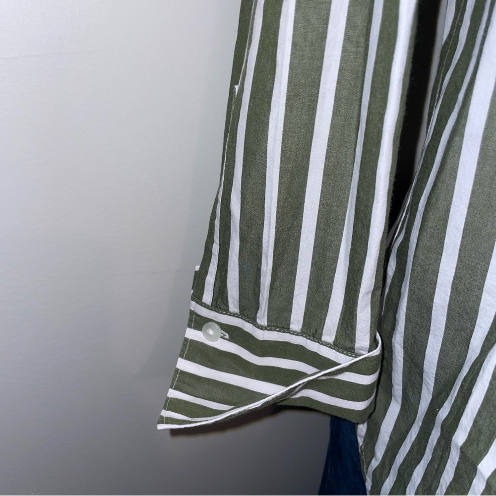 J Jill Button Down Shirt popover banded Mandarin collar cotton green stripe XS - Picture 4 of 10